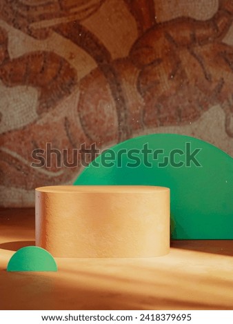 Storytelling showcase: Clay-like orange block, green semi-circles, dramatic shadows. Ancient mosaic backdrop for creative product placement, weaving narratives into your brand story. Royalty-Free Stock Photo #2418379695
