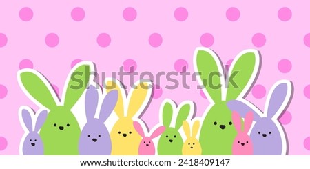 Celebration Greeting Easter card, colorful easter bunny family on polka dot background