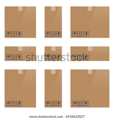 Set of cardboard box mockups different size. Isolated on white background. Vector carton packaging box images.
