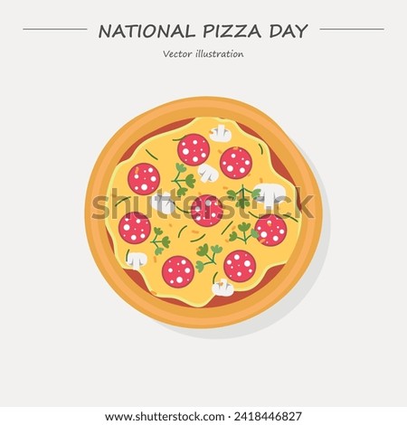 National Pizza Day vector. Whole sausage pizza top view icon. Pizza Day clip art, February 9.