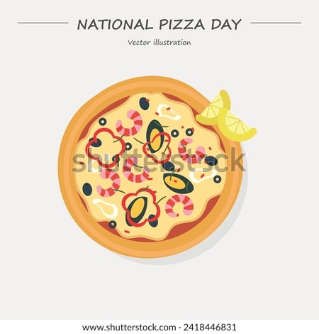 National Pizza Day vector. Whole shrimp pizza top view icon. Pizza Day clip art, February 9.