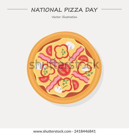 National Pizza Day vector. Whole meat pizza top view icon. Pizza Day clip art, February 9.