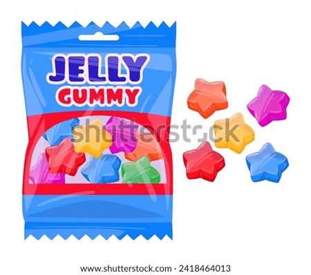 Fruity gummies package. Chewy jelly candy sweets with fruit flavor flat vector illustration. Gummy jelly candies bag on white Royalty-Free Stock Photo #2418464013