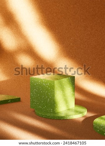Chic harmony: Cork background with green, speckled coasters and cube. Streaks of light enhance the scene. Perfect for creative product placement, fusing elegance and modern design in your narrative. Royalty-Free Stock Photo #2418467105