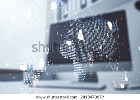 Double exposure of social network icons concept with world map and modern desktop with laptop on background. Marketing and promotion concept