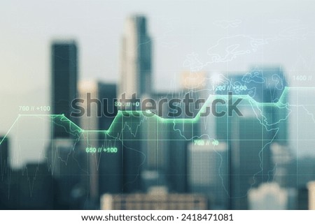 Abstract virtual analytics data spreadsheet on blurry skyscrapers background, analytics and analysis concept. Multiexposure