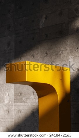 Sleek presentation: Upside-down L-shaped yellow metal podium against a concrete wall. Illuminated by a beam of light. Ideal for product placement, infusing modern sophistication into your brand story. Royalty-Free Stock Photo #2418472165