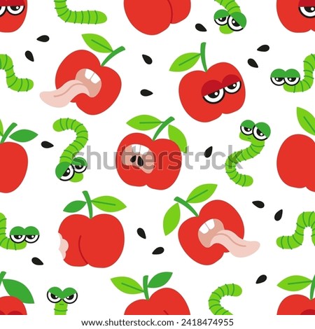 Vector hand drawn seamless pattern. Red crazy apples and caterpillar on white background