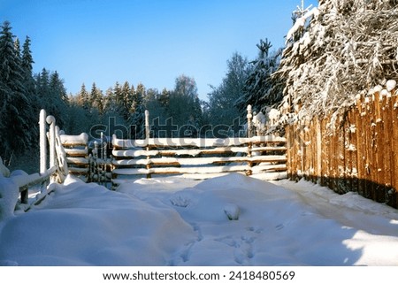 A village courtyard covered with snow on a bright sunny day. High wooden fence. Frosty sunny day in the village.