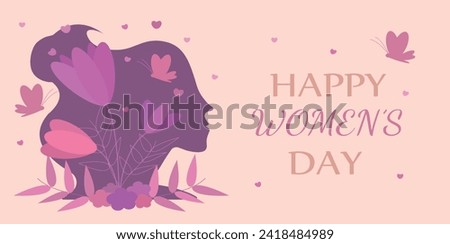 8 march background. International women's day floral decorations in paper art style with frame of flowers and leaves. Greeting card on pastel pink tone. Vector illustration Royalty-Free Stock Photo #2418484989