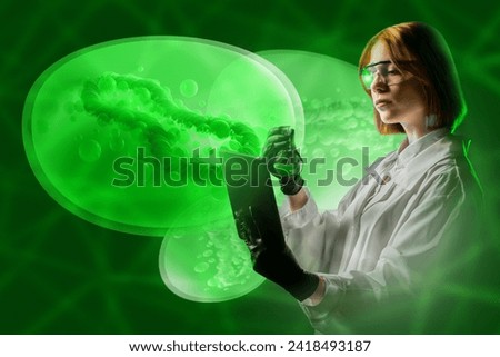 Woman virologist. Molecules of dangerous bacteria. Doctor with tablet and test tube. Virologist in white coat. Doctor studies dangerous viruses. Emergence of new deadly bacteria. Science of virology Royalty-Free Stock Photo #2418493187