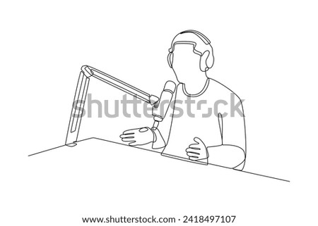 a source who was explaining about himself during the podcast. one line drawing. concept of podcast recording, radio interviews, online streaming