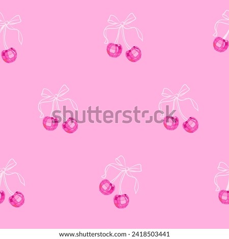 Seamless Disco Cherry pattern with bow in cartoon style. Cute trendy design. Vector funky illustration. Ballet-core, coquette-core background.