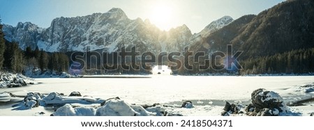 Fusine Lakes panoramic photo, Friuli Venezia Giulia, famous mountain destination, Italy