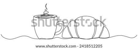 Coffee cup and croissant continuous line drawing. Vector illustration isolated on white.