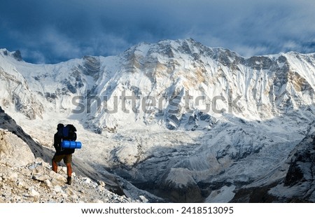 View of Mount Annapurna with hiker, round Annapurna circuit trekking trail, Annapurna south base camp, Nepal Himalayas mountains Royalty-Free Stock Photo #2418513095