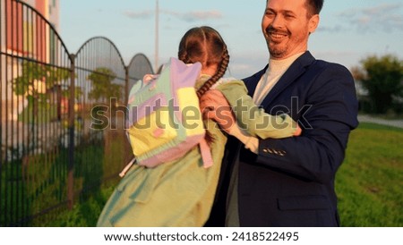 parent, recess, father daughter spins, schoolchild running, children game superhero with parent, happy girl runs into her father arms, smile face, father, girl running from class, schoolgirl running