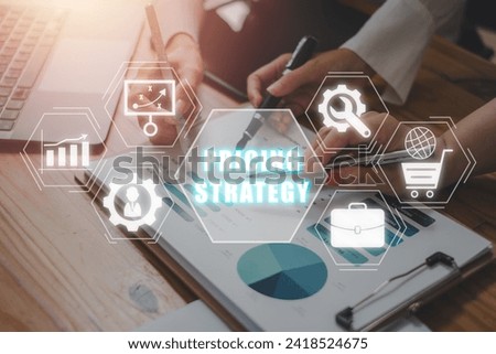 Pricing Strategy concept, Business team analysis summary graph reports of business operating expenses on desk with pricing strategy icon on virtual screen.