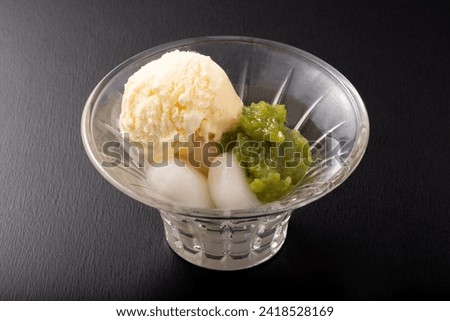 Japanese sweets with zunda bean paste, shiratama dango, and vanilla ice cream