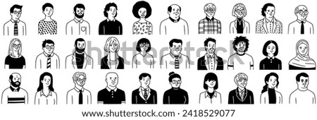 Vector illustration portrait of various people, diversity, multiethnic, race, and different. outline, linear, thin line art, hand drawn sketch, doodle. Big set. 