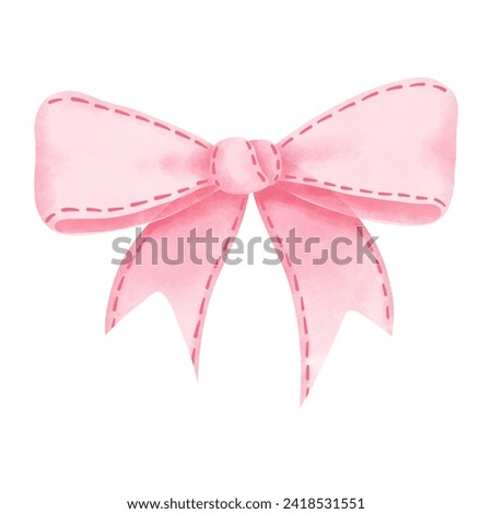 Watercolor shiny pink ribbon bow illustration for valentine, christmas, birthday, nursery, baby shower decorations and celebration on white background.