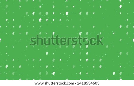 Seamless background pattern of evenly spaced white woman face profile symbols of different sizes and opacity. Vector illustration on green background with stars