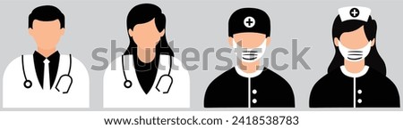 Group of doctors, nurses, surgeon, pharmacist and therapist with gloves and stethoscopes. Team of smiling medic workers. Colored flat cartoon vector illustration isolated on Light Grey background Royalty-Free Stock Photo #2418538783
