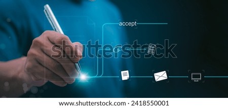 Close-up of a man's right hand holding a pen preparing to start writing or signing on the white background, the concept of signing a document or accepting an agreement with digital technology.