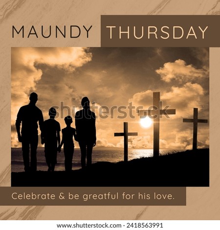 Composition of maundy thursday text over family silhouettes and crosses on beige background. Maundy thursday tradition and religion concept digitally generated image.