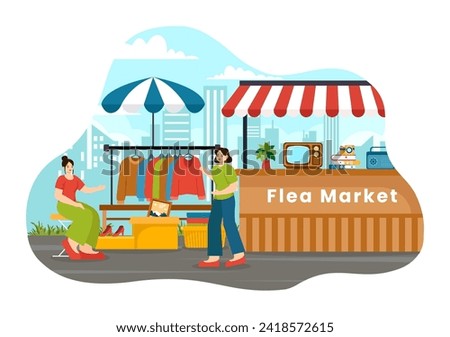 Flea Market Vector Illustration with Second Hand Shop with Shoppers, Swap Meet, Sellers and Customers at Weekend in Business Flat Background