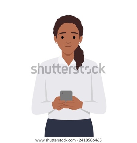 Young woman holding mobile phone in hand typing message. Flat vector illustration isolated on white background