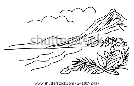 Tropical island, sea coast, mountains, nature and vegetation. Summer holiday, landscape. Simple vector drawing with black outline.