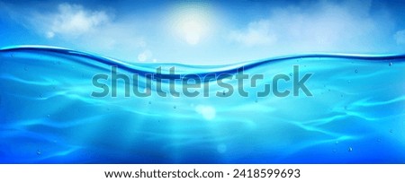 Sea or ocean water surface level with underwater with bubbles, sun rays and sky with clouds background textures. Realistic vector of blue undersea aqua with waterline horizon in clean river or lake. Royalty-Free Stock Photo #2418599693