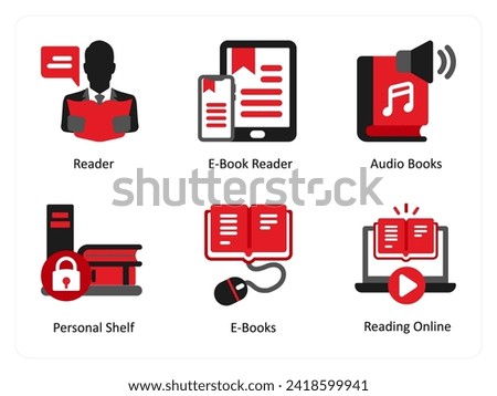 Six education icons in red and black as reader, e book reader, audio books
