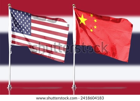 American flag and Chinese flag. Top US and Chinese diplomats holding talks in Bangkok, Thailand, background deliberately blurred, multiple exposure, use of background or texture, news background image