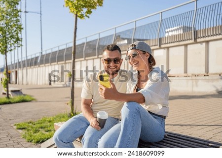 Couple, bonding and make phone selfie on city summer holiday, travel vacation date or social media memory.