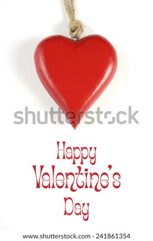 Happy Valentines Day hanging red wood heart with Happy Valentines Day sample text greeting message.