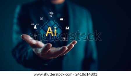 Ai tech, businessman show virtual graphic Global Internet connect AI, Artificial Intelligence. Using command prompt for generates something, Futuristic technology transformation. Chatbot Chat with AI