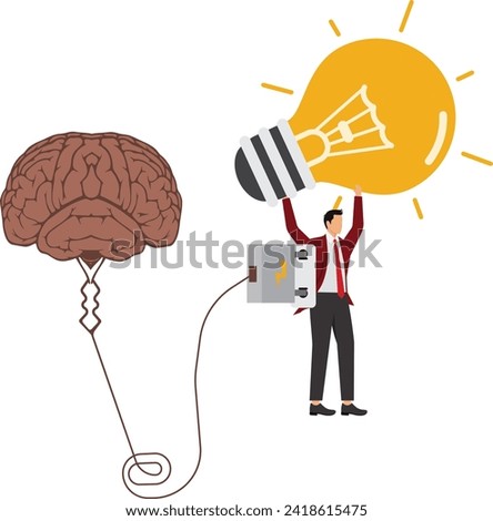 Charging idea brain or cloud computing concept, businessman with electrical plug plugging in the cloud database and his fists raised