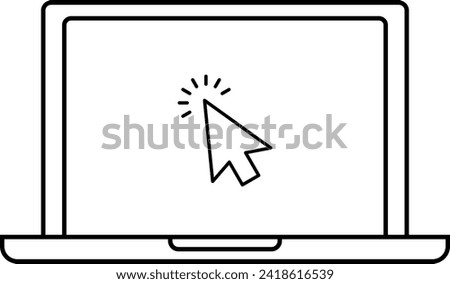 Click in laptop vector icon. Computer with click mouse pointer symbol isolated on white background.