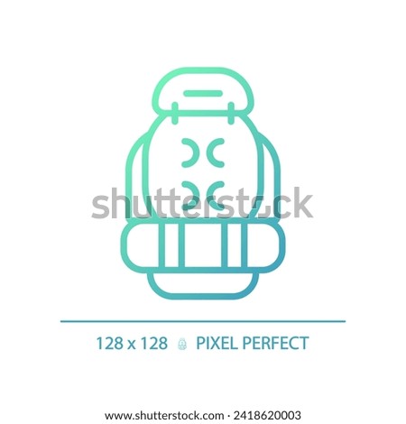 2D pixel perfect gradient backpack icon, isolated vector, green hiking gear thin line illustration.