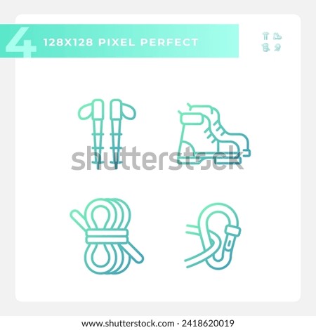 2D pixel perfect gradient icons set representing hiking gear, green isolated thin linear illustration.