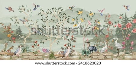 Vintage French garden decor chinois new classical vector illustration for wallpaper print, Bird, Watercolor Background.