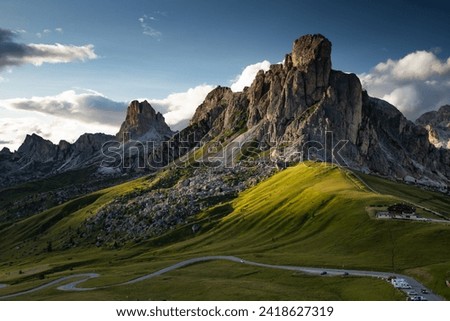 View of Ra Gusela Peak of Nuvolau group in the Italian Dolomites Mountain at Giau Pass, South Tyrol Italy. Royalty-Free Stock Photo #2418627319