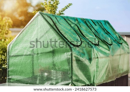 Mini Greenhouse for Growing Seedlings with Holes. Mini Green House  is Covered with Plastic, installed in Vegetable Garden Bed in Early Spring. Royalty-Free Stock Photo #2418627573