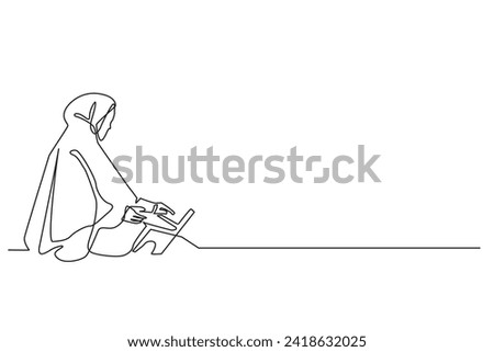 continuous line of woman reciting the Koran.single line vector of woman reciting the Koran.worship of Muslims.vector line art isolated white background Royalty-Free Stock Photo #2418632025