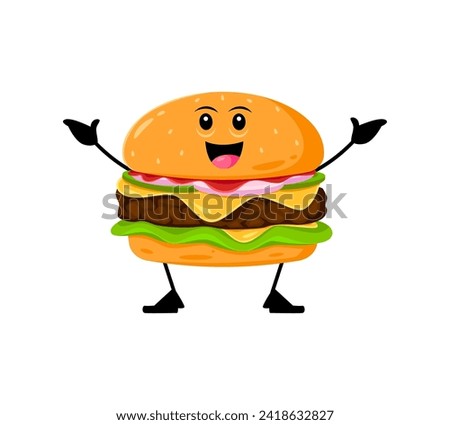 Cartoon cheerful cheeseburger funny takeaway fast food character with a big, friendly smile. Isolated vector street meal personage complete with sesame seed, cheesy slice, fresh lettuce and juicy beef Royalty-Free Stock Photo #2418632827