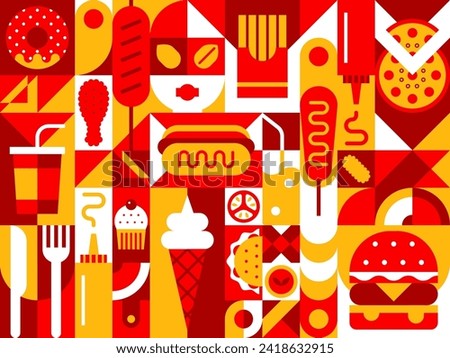 Fast food abstract modern geometric pattern in retro mosaic, vector background. Fast food pizza, burger and ice cream with hot dog sandwich and donut with cupcake and soda drink in geometric pattern