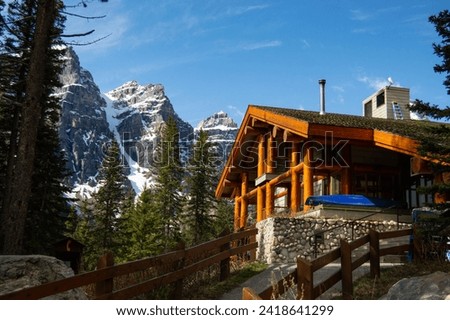 Traditional Lodge at Moraine Lake, Banff National Park, Alberta, Canada Royalty-Free Stock Photo #2418641299