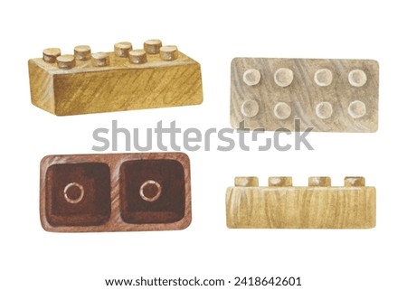 Constructor Watercolor illustration. Hand drawn clip art set on white isolated background. Drawing of wooden Kids Toys. Painting of building blocks. Design elements of bricks in brown colors